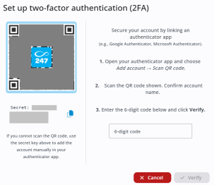 Set up two-factor authentication (2FA) screen showing a large QR code on the left, a secret key with a copy icon beneath it and instructions on the right for linking an authenticator app. The instructions list steps to scan the QR code, confirm the account name and enter the 6-digit verification code. A field for entering the code appears at the bottom, with Cancel and disabled Verify buttons.